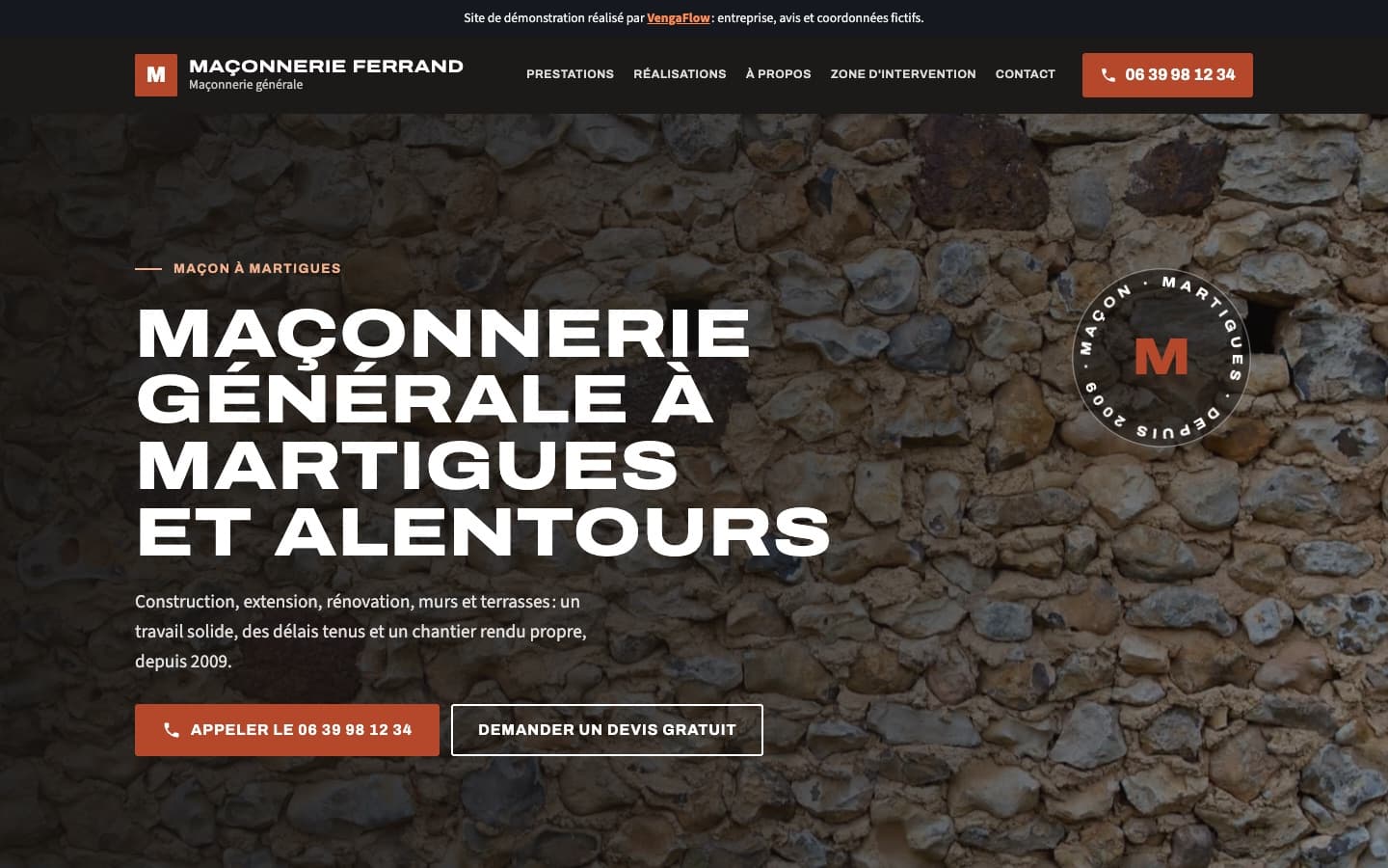 Page d'accueil du site de démonstration Maçonnerie Ferrand, sur ordinateur