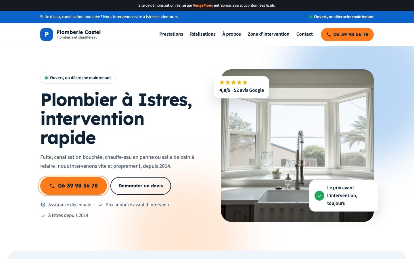 Page d'accueil du site de démonstration Plomberie Castel, sur ordinateur